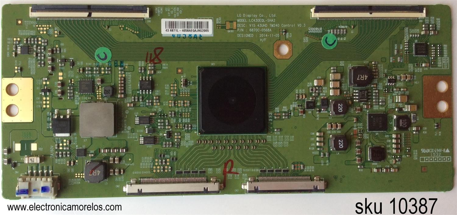 T-CON PARA TV SONY / NUMERO DE PARTE 6871L-4058A / 6870C-0568A / 4058A / LC430EQL-SHA2 / PANEL SYV4341 / MODELO XBR-43X830C