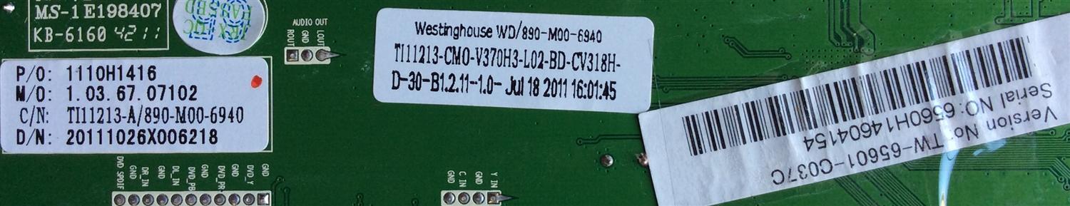 MAIN / WESTINGHOUSE 1110H1416 / CV318H-D / 890-M00-6940 / TI11213 / 1.03.67.07102 / MODELO VR-3730 / PANEL V370H3-L02 Rev.C1	 - Imagen 2