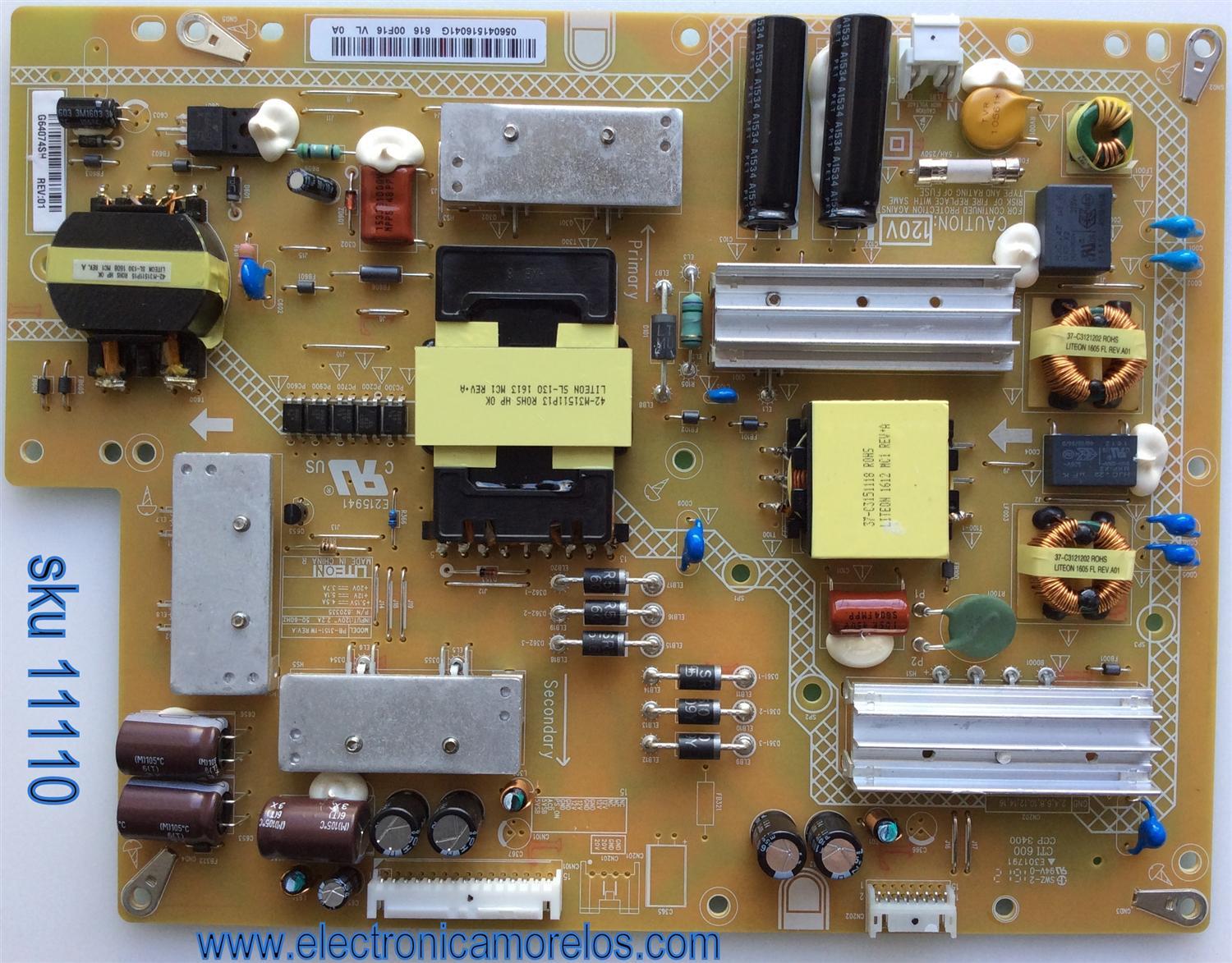 FUENTE DE PODER / VIZIO 056.04151.6041 / PB-3151-1W / 056041516041 / 056.04151.6041G / 056041516041G / G610P8M3 / MODELOS E43U-D2 LWZ2UMBS / E43U-D2 LWZ2UMBR / E43U-D2 LWZJUMCS