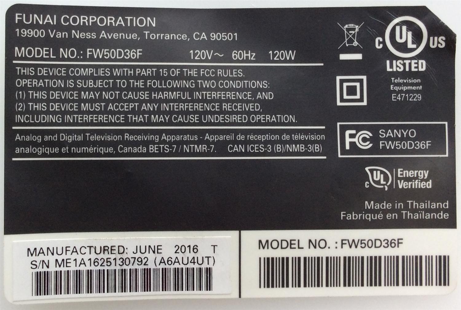 MAIN / SANYO FUNAI  A6AU4UT / BA6AU4G0201 1 / MODELO FW50D36F ME1 / PANEL U6AU0XT	 - Imagen 2