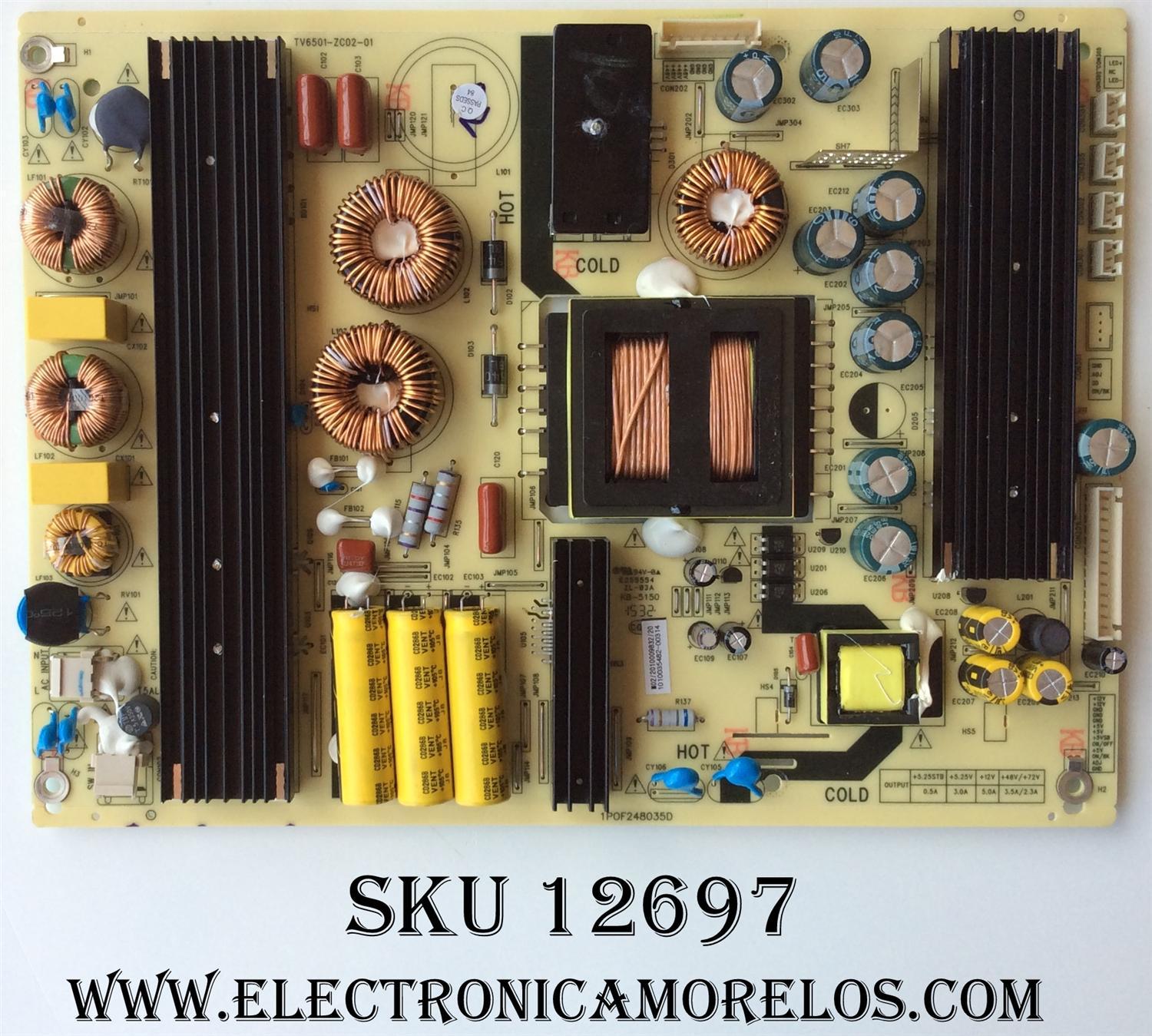 FUENTE DE PODER / QUASAR 1010035482 / M02/2010009832/20 / 1P0F248035D /TV6501-ZC02-01 / MODELO SQ6500	