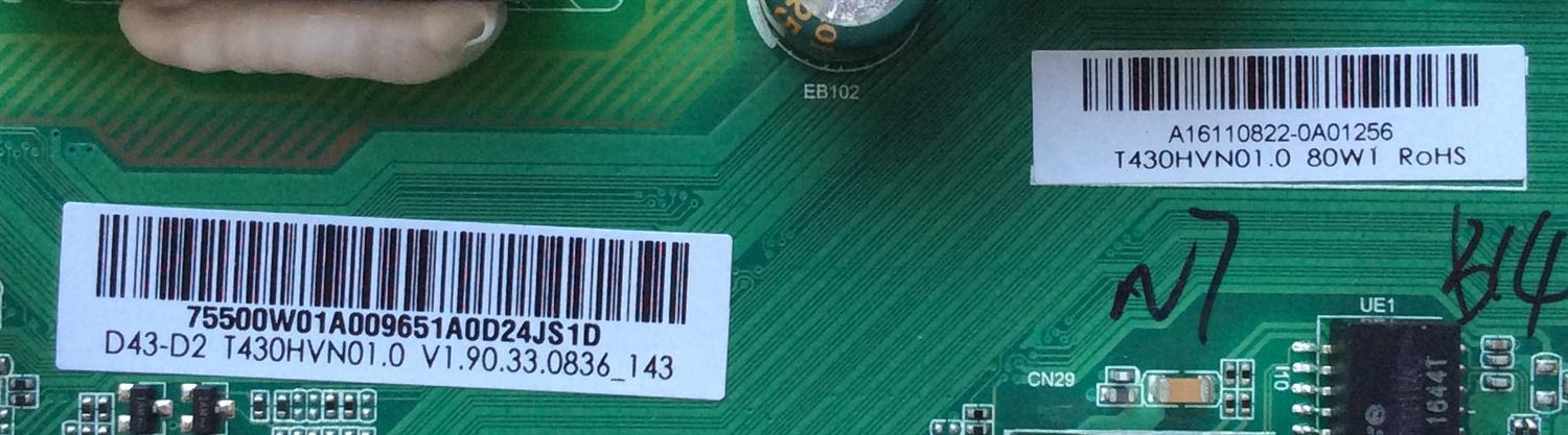 MAIN / FUENTE / VIZIO A16110822 / TP.MT5580.PB75 / 75500W01A / MODELO D43-D2 LWZ2ULDT / PANEL T430HVN01.0	 - Imagen 2
