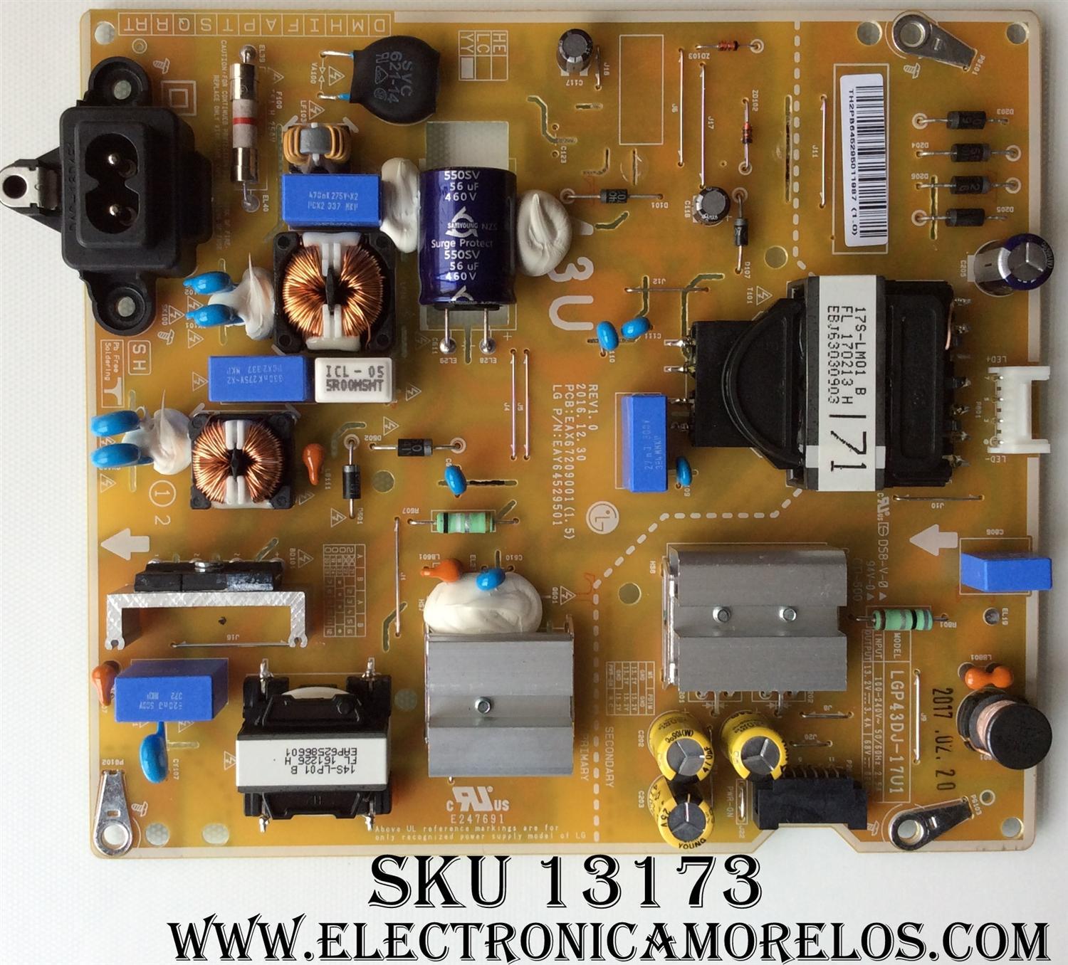 FUENTE DE PODER PARA TV LG ORIGINAL / NUMERO DE PARTE EAY64529501 / EAX67209001 / 64529501 / LGP43DJ-17U1 / MODELOS 43UK6090PUA / 43UK6300PUE / 43UJ6300-UA / 43UM6910PUA / 43UM6950DUB / 43UN6950ZUA / 43UN7000PUB