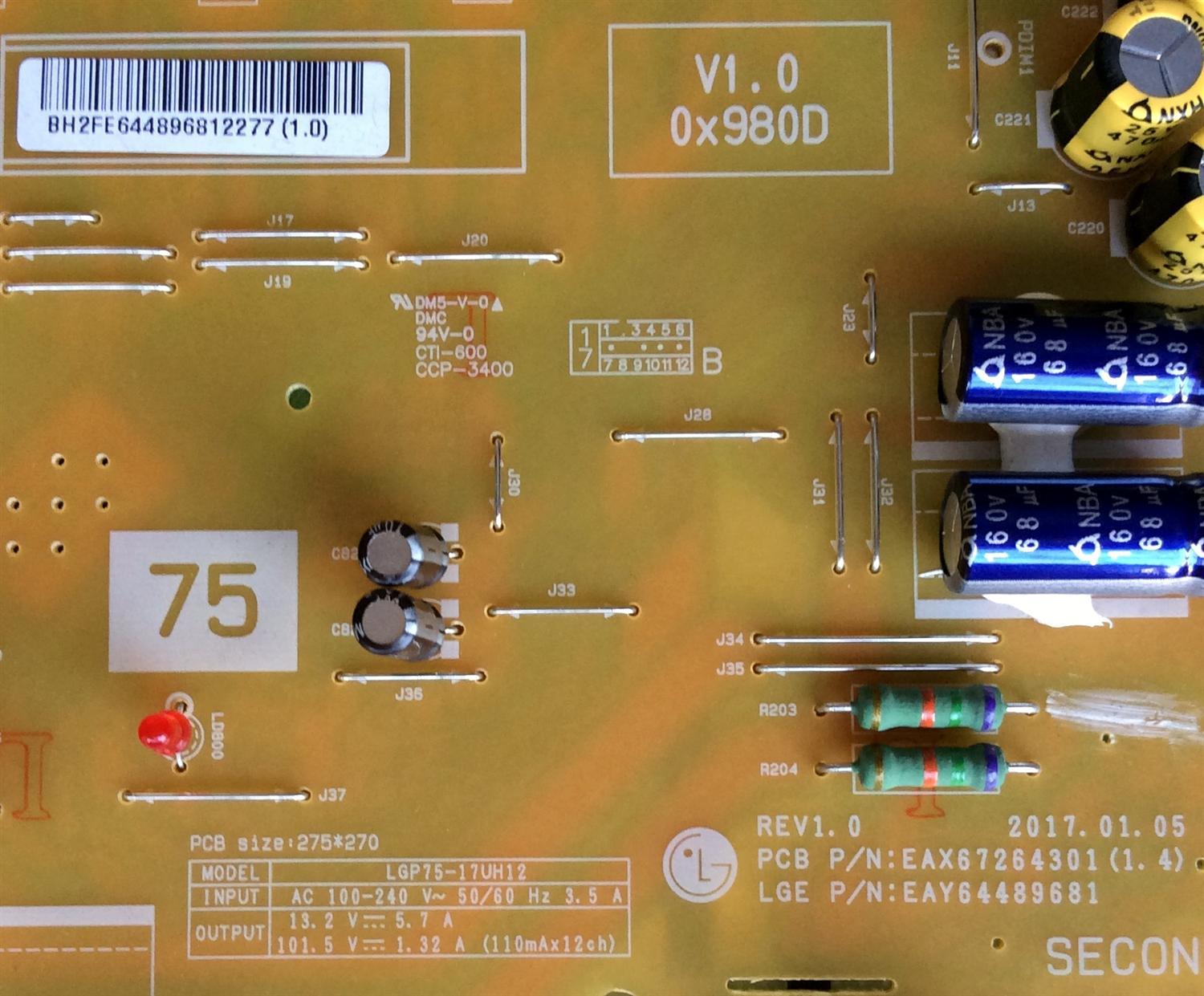 FUENTE DE PODER PARA TV LG / NUMERO DE PARTE EAY64489681 / EAX67264301 / LGP75-17UH12 / 64489681 / PANEL LC750EGE (FK)(M1) / MODELOS 75UN7070PUC / 75UN7070PUC.BUSFLKR / 75UJ657A-UB / 75UJ657A-UB.BUSYLJR / 75UJ6470-UC / 75UJ6470-UC.BUSYLJRLJR - Imagen 2