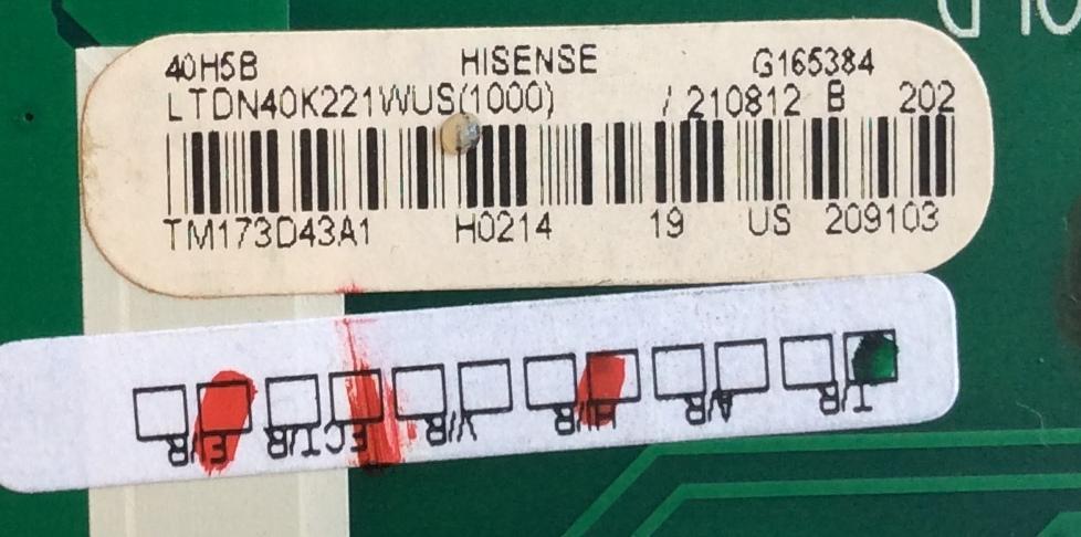 MAIN FUENTE PARA TV HISENSE ORIGINAL / NUMERO DE PARTE 210812 / RSAG7.820.7431/ROH / 209103 / LTDN40K221WUS(1000) / PANEL HD396DF-E01(010)\T1\S0\GM\ROH / MODELO 40H5B - Imagen 3