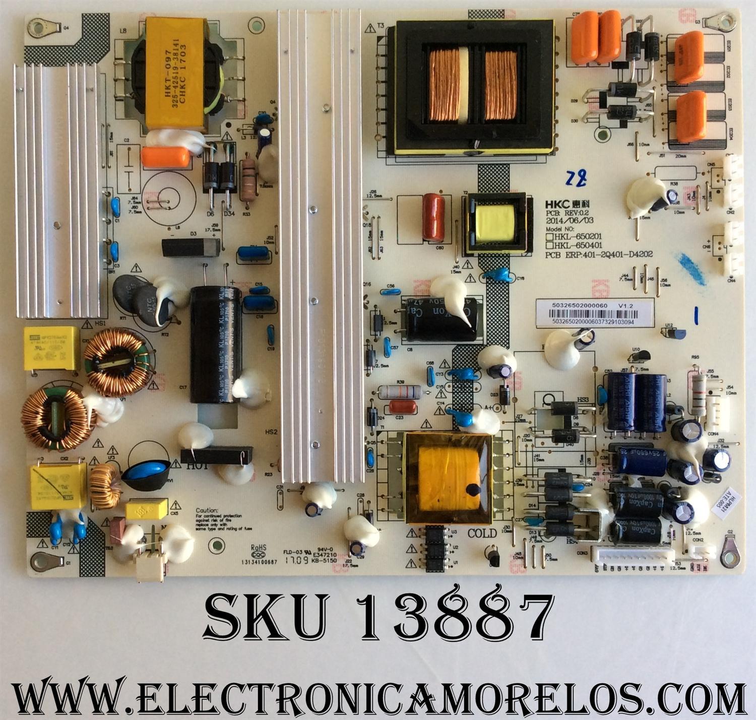 FUENTE DE PODER  HITACHI 50326502000060 V1.2 / 50326502000060 / 401-2Q401-D4202 / HKL-650201 / HKL-650401 / CQC13134100687 / MODELOS 65K3 / LE65K6R9 / SLED6516