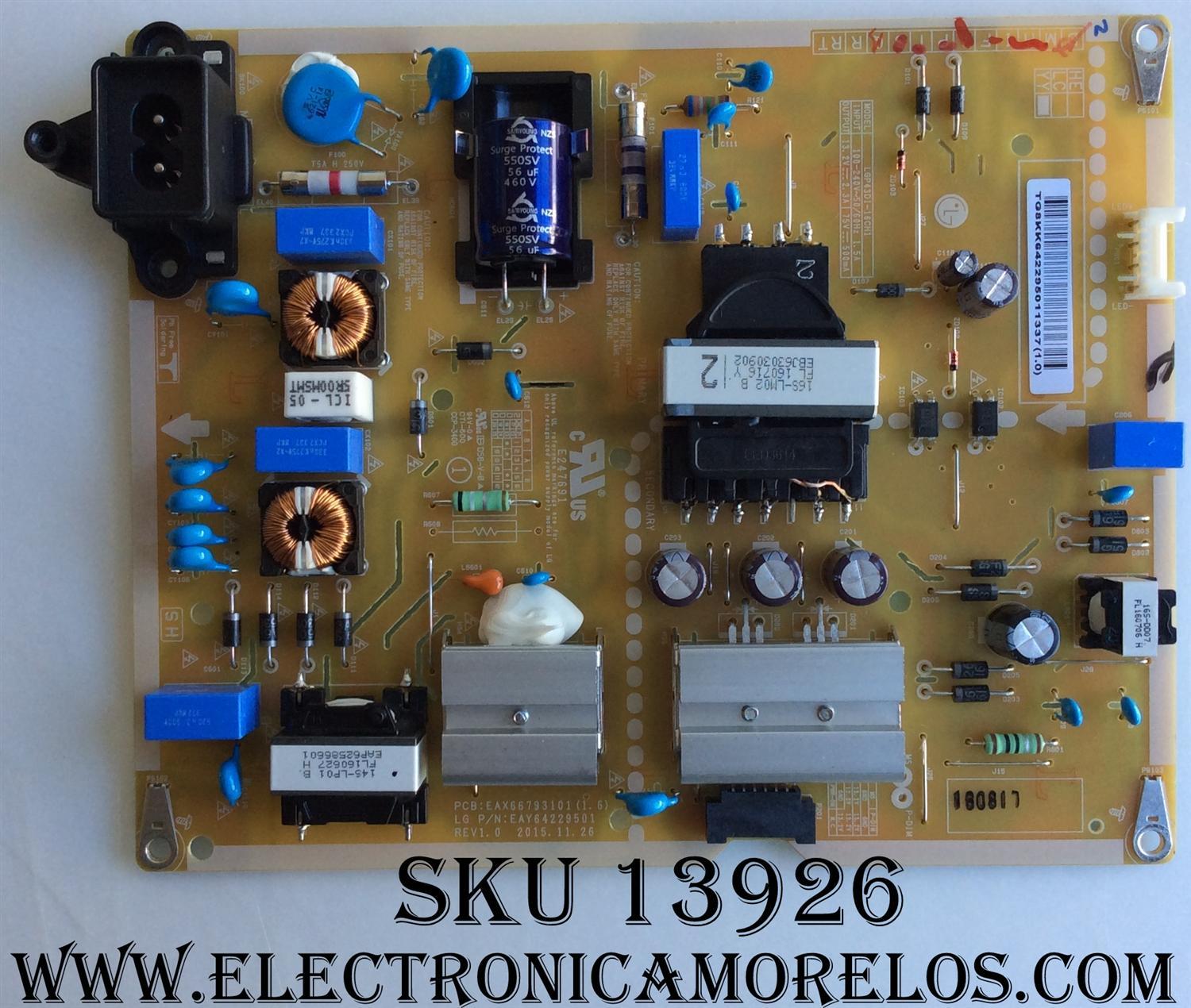FUENTE DE PODER / LG EAY64229501 / EAX66793101(1.6) / 64229501 / MODELO 43LW340C-UA BUSWLJR / 43LW540S-UA BUSWLJR