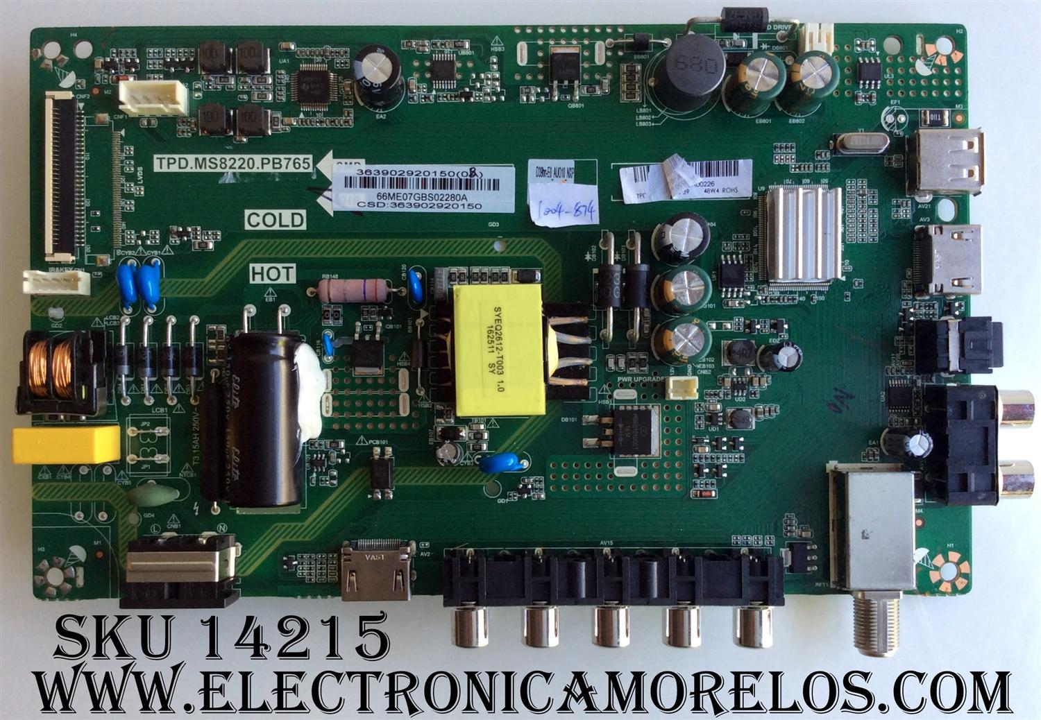 MAIN / FUENTE / (COMBO) / VIZIO 3639-0292-0150 / A16110605 / TPD.MS8220.PB765 / 363902920150 / MODELO D39HN-E0 LAUAVLCS	