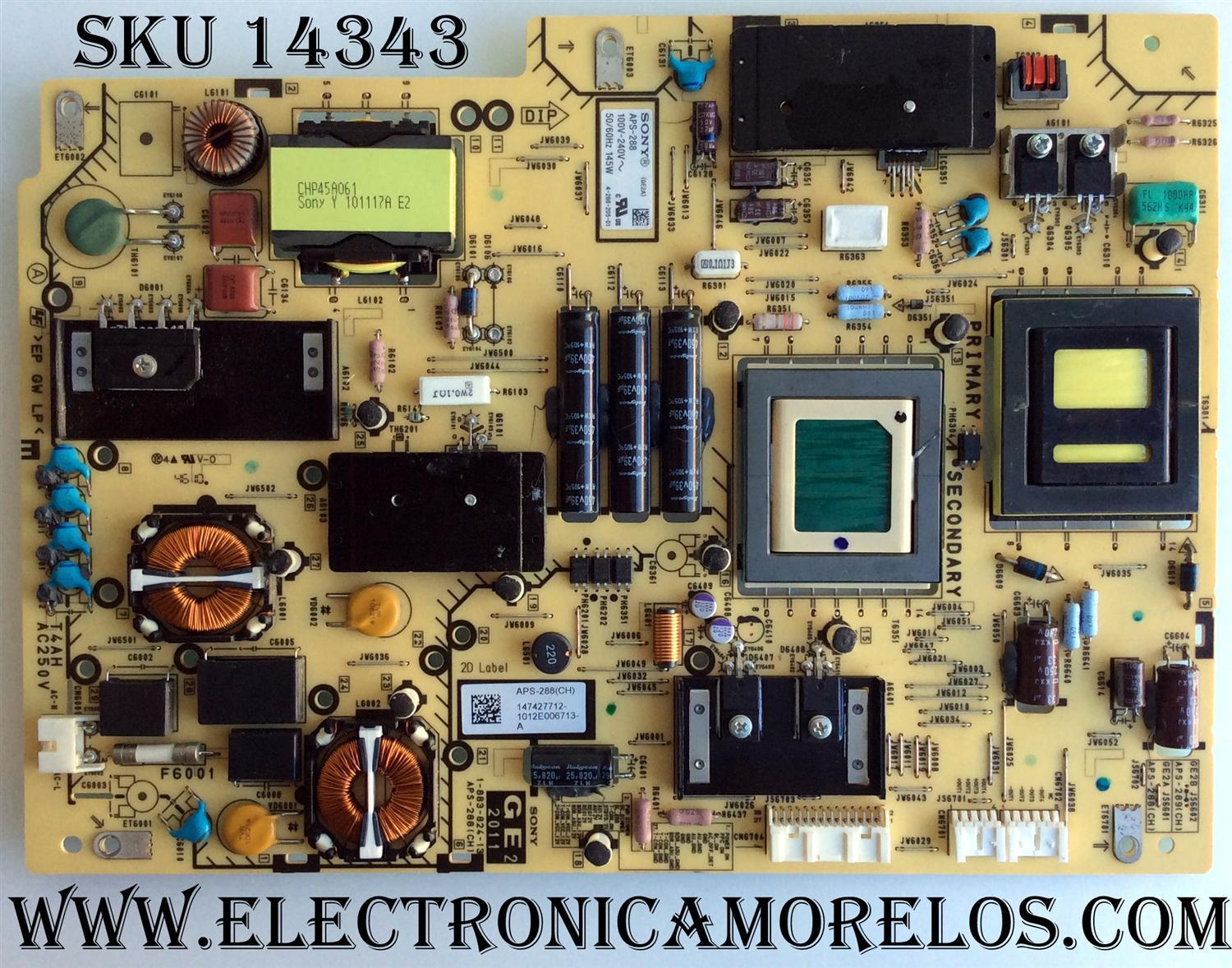 FUENTE DE PODER / SONY 1-474-277-12 / APS-288 / 147427712 / 1-883-824-13 / APS-288(CH) / PARTE SUSTITUTA 1-474-277-13 / 147427713 / MODELOS KDL-32EX421 / KDL-32EX520 / KDL-32EX521 / KDL-32EX523