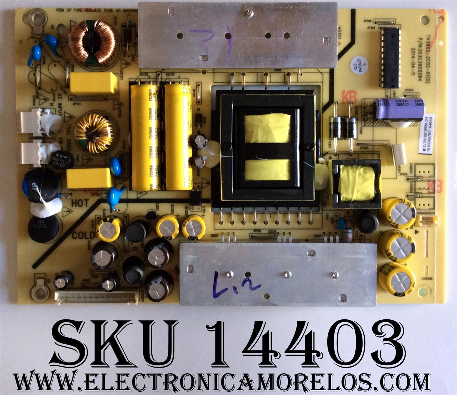 FUENTE DE PODER  PROSCAN 1010042787 / TV3902-ZC02-01 / COMPATIBLE PARA DIFERENTES MARCAS Y MODELOS POLAROID MHDV4233-U4 / PROSCAN PLED4275A / TCL LE40D8810 / HAIER 40E3500 / LE40M600CF / LE40M600M80 / JVC LT40C550 / ELEMENT / ELEFW408