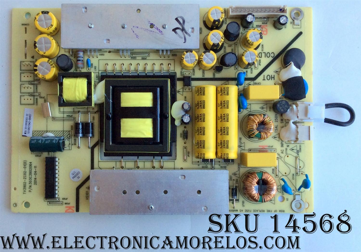 FUENTE  1010027642 / 303C3902064 TV3902-ZC02-01 / PARA DIFERENTES MARCAS Y MODELOS POLAROID MHDV4233 / PROSCAN PLED4275A / TCL LE40D8810 / HAIER 40E3500 / LE40M600CF / LE40M600M80 / JVC LT40C550 / ELEMENT / ELEFW408 / QUASAR SQ4001 / RCA RLEDD4016A