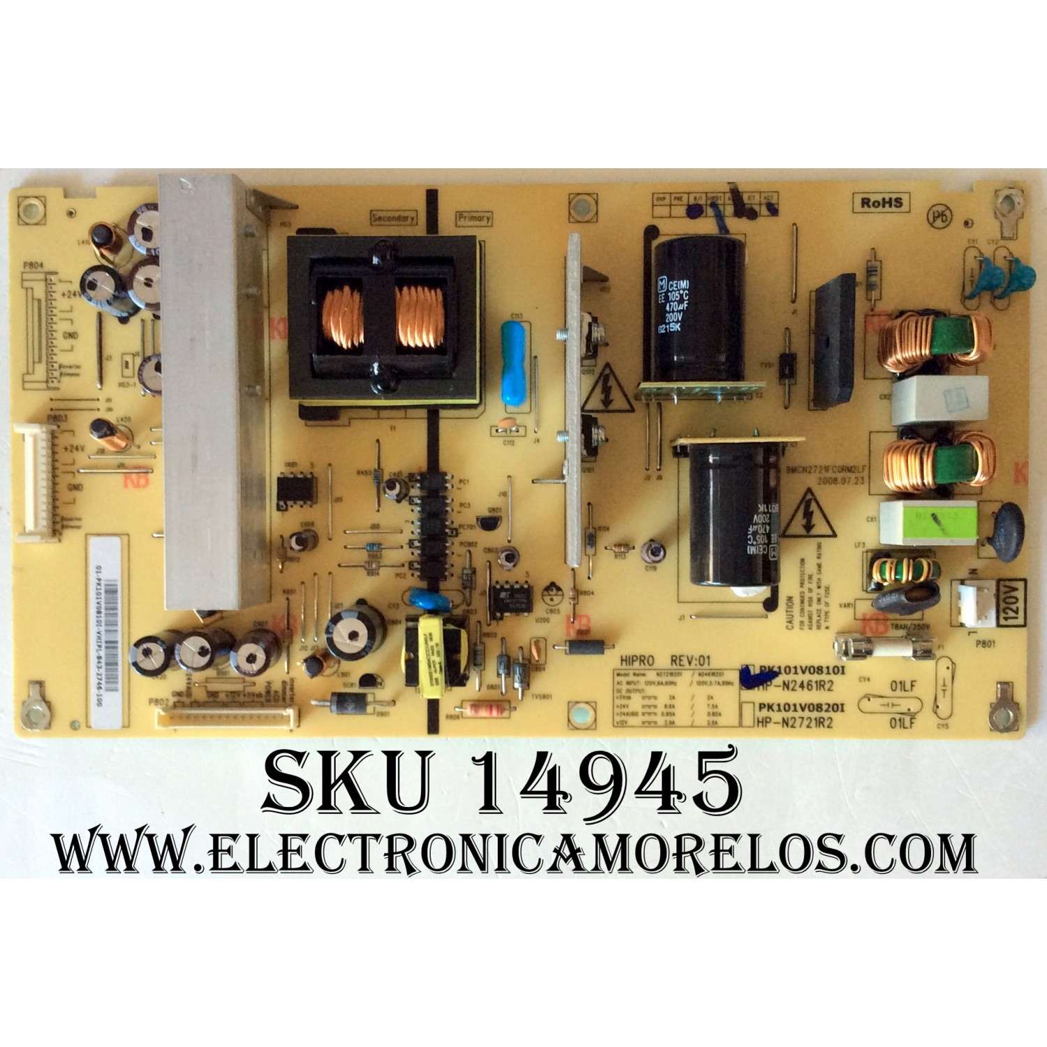 FUENTE DE PODER ((NUEVA)) / TOSHIBA 75016980 / PK101V0810I / HP-N2461R2 / PARTE SUSTITUTA 75013355 / MODELO 40RV52U 