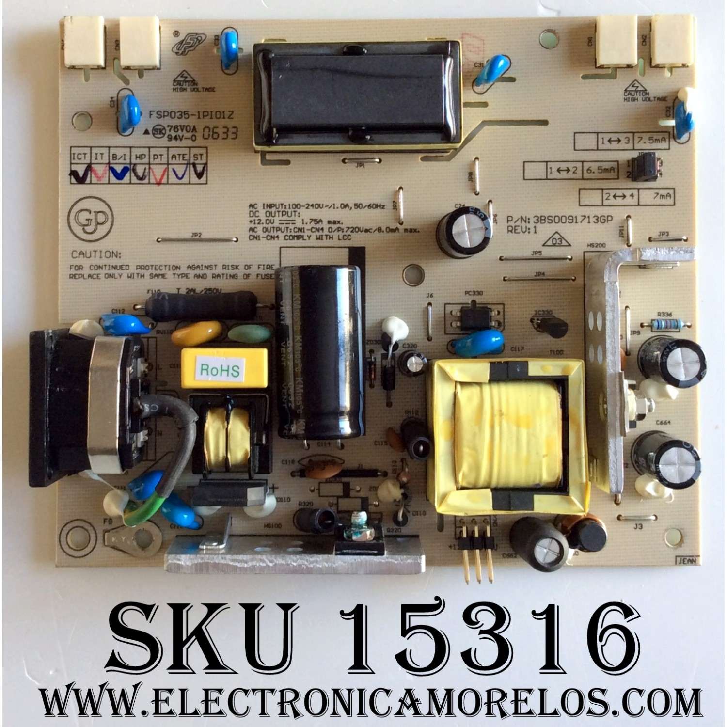 FUENTE / BACKLIGHT / VIEWSONIC AS02B012DD1 / 3BS0091713GP / FSP035-1PI01Z / MODELOS VX724 / VX912 / VX910 / VX924