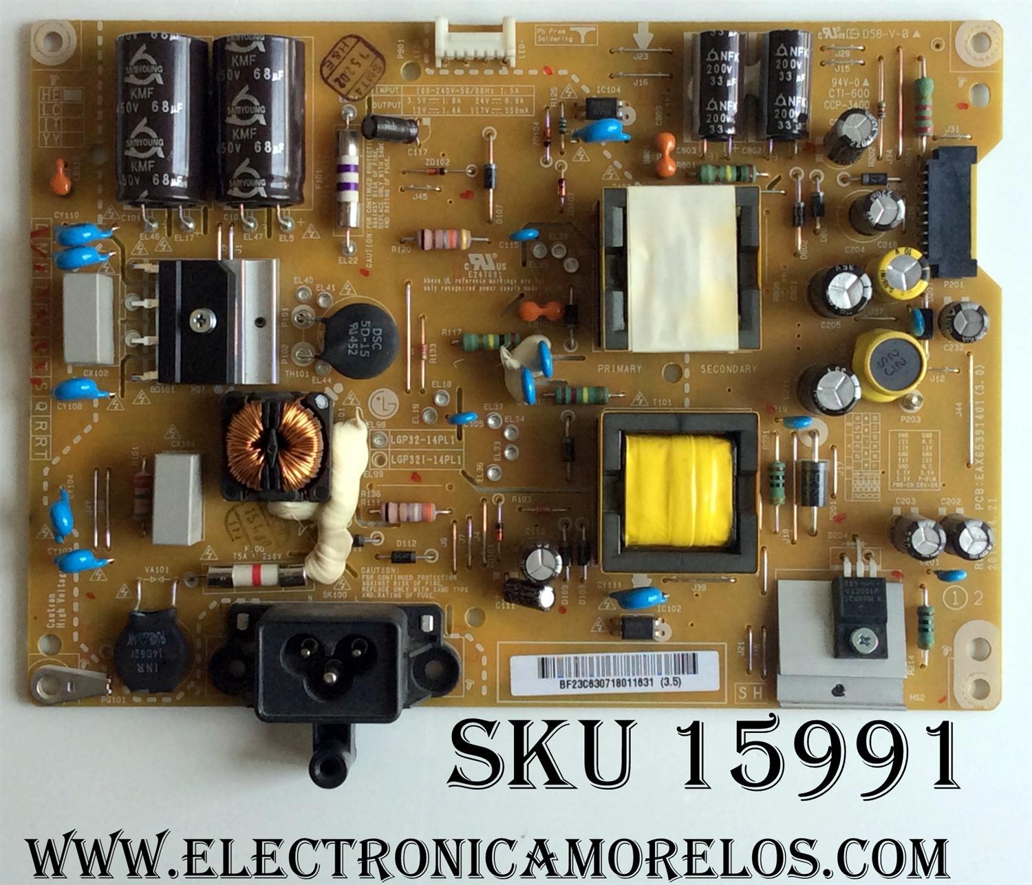 FUENTE DE PODER / LG 63071801 / EAY63071801 / LGP32-14PL1 / EAX65391401(3.0) / PANEL´S LC320DXE (MG)(A3) / TPT315B5-EUJFFA / MODELOS 32LF580B-UA BWMYLJM / 32LB5800-UG BUSWLJR	