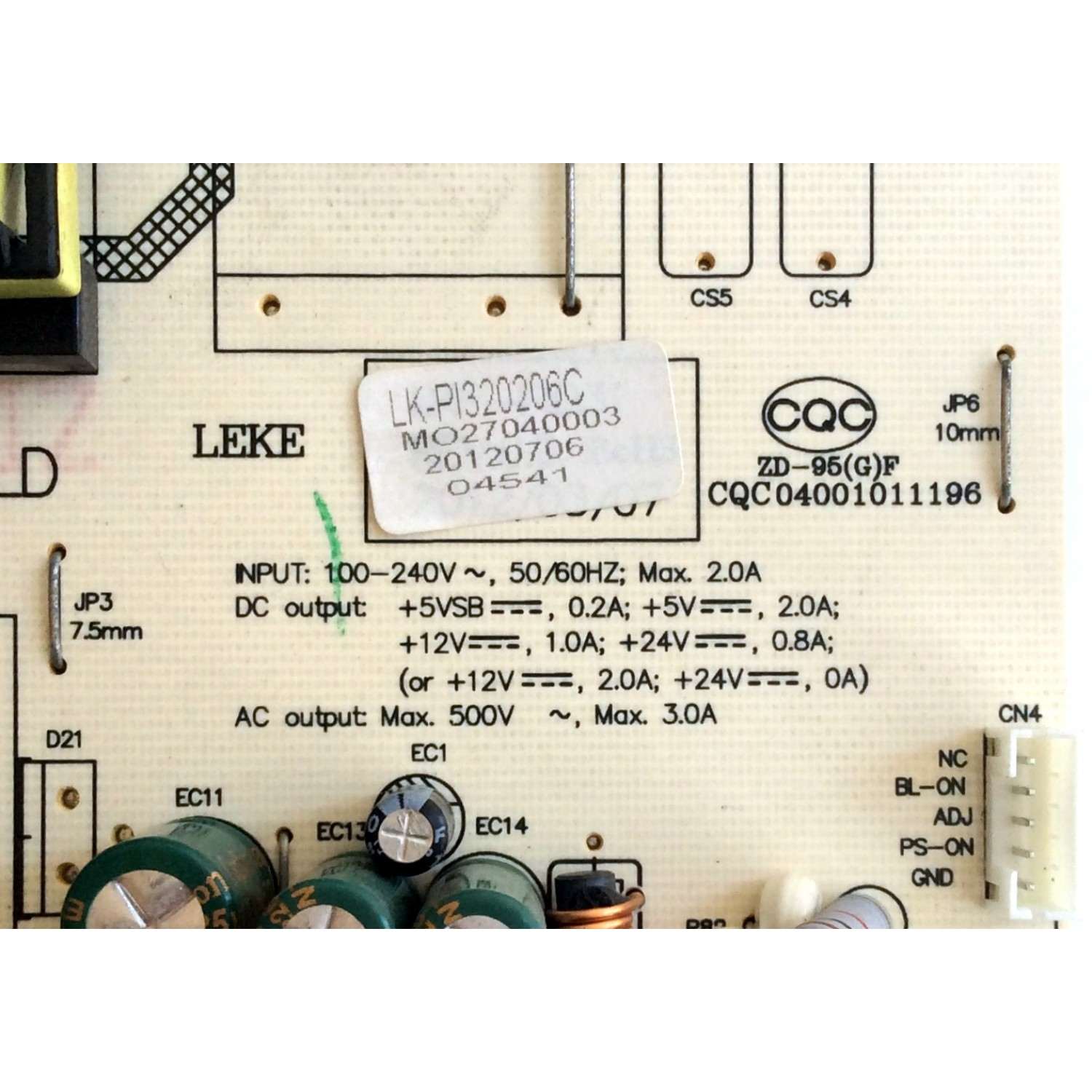 FUENTE DE PODER / APEX LK-PI320206C / CQC04001011196 / 20120706 / MO27040003 / MODELO LD3288M - Imagen 2