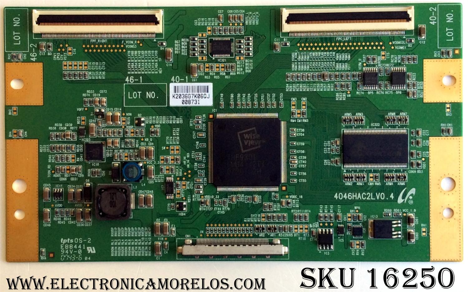 T-CON SONY LJ94-02036G / 4046HAC2LV0.4 / 2036G / SUSTITUTAS LJ94-02036F / LJ94-01952H / LJ94-01952J / PANEL`S LTZ400HA03-201 / LTY400HA03 / MODELOS KDL-40V2500 / KDL-40W2000