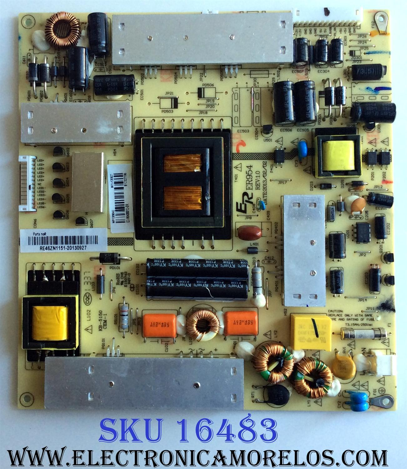 FUENTE DE PODER / RCA RE46ZN1151 / ER954 / REV:1.0 / RE46ZN1151-20130927 / PANEL T500HVN01.0-QYE / MODELO LED50B45RQ