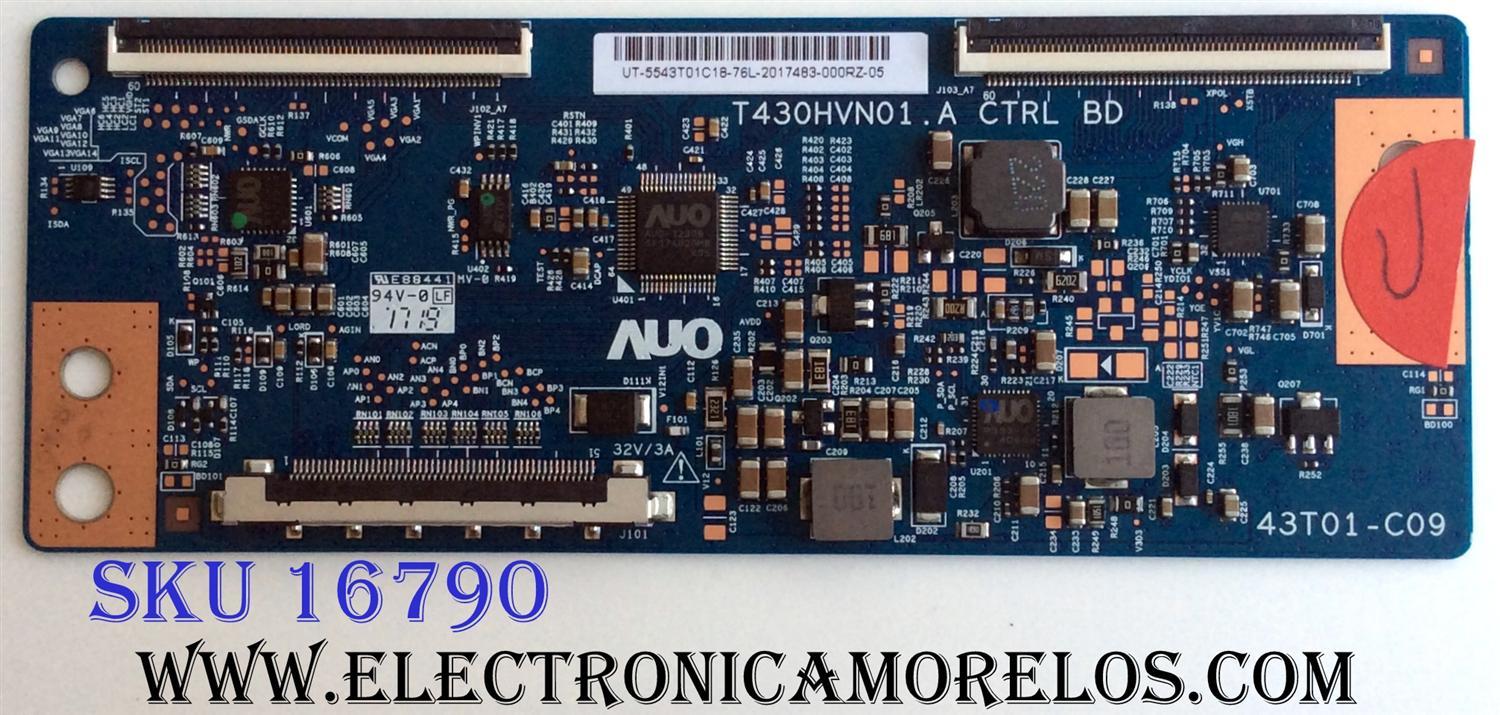 T-CON PARA TV VIZIO SMART TV / NUMERO DE PARTE 55.43T01.C18 / 5543T01C18 / 43T01-C09 / T430HVN01.A / PANEL'S TPT430H3-HVN01.U REV:S081B / BOEI430WU1_H / MODELOS LC-43LB481U / 43LF42U21 / ELST4316S  / ELST4316S E7A0M / D43FX-F4 / D43FX-F4 LHBFVN
