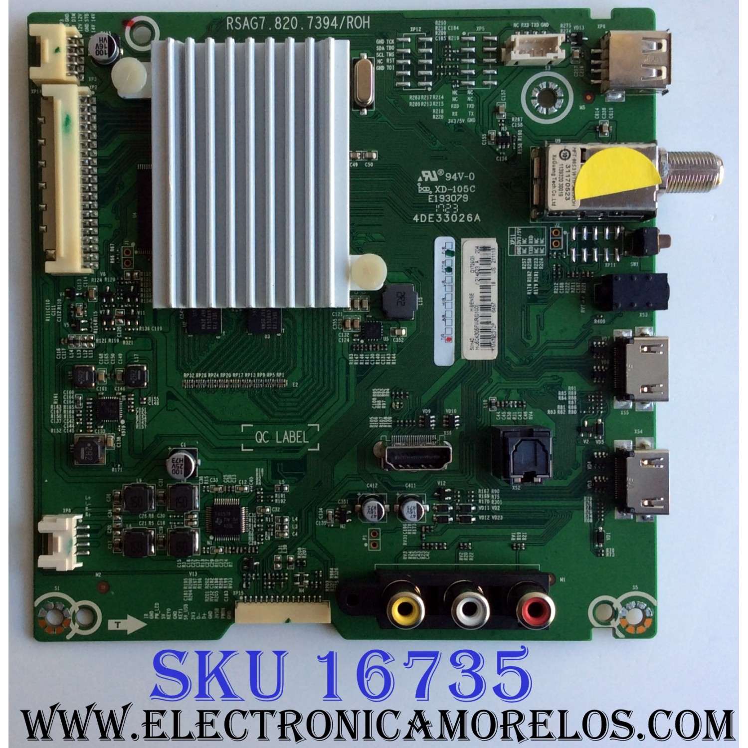 MAIN PARA TV HISENSE / NUMERO DE PARTE 214523 / RSAG7.820.7394/ROH / HU50K305FWR(0100) / 211118 / 4DE33026A / PANEL HD500DF-B54(020)\B1\T1\S35\GM\ROH / DISPLAY T500HVN07.5 / MODELO 50H4D