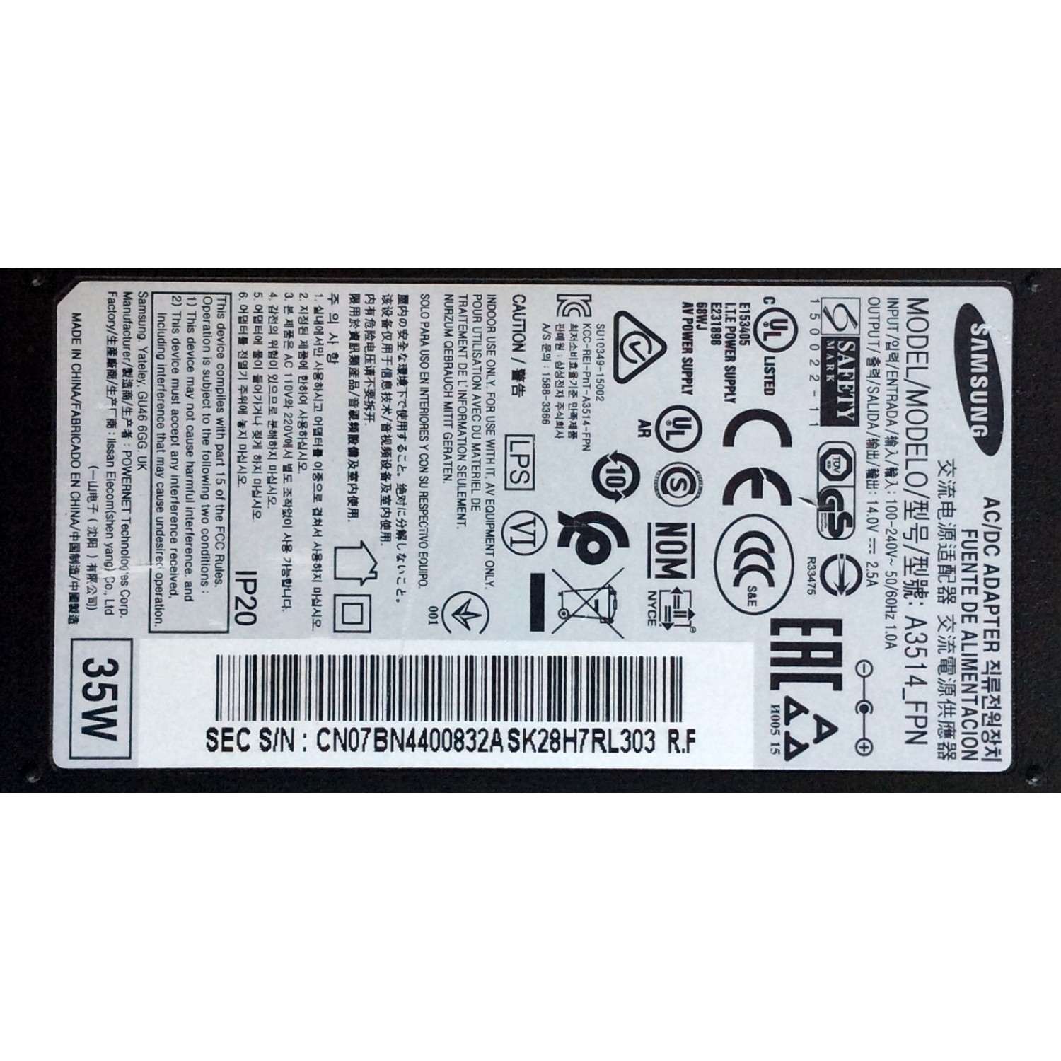 ADAPTADOR DE A/C SAMSUNG 14.0V -- 2.5A / SAMSUNG A3514_FPN / BN44-00832A / BN4400832A / MODELOS LS22D390QS/EN / UN19F4000AFXZA / UN22F5000AFXZA / LF-NXN2N/XF / LS24E510CS/XF / LF00FNXPFBZXXT / GX-SP680EL/OSP / LC24F390FHCXXF / LC27F390FHEXXM / LC32F391 - Imagen 2