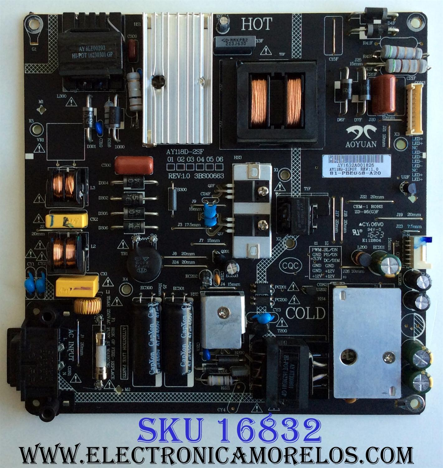 FUENTE DE PODER ORIGINAL PARA TV INSIGNIA / NUMERO DE PARTE 81PBE048-A20 / AY118D-2SF02 /  AY118D-2SF / 3BS00663 / PANEL LVF480SSDX E8 V2 / T8-48DR420-LPMX2 / DISPLAY LSC480HN08-G01 / MODELO NS-48DR510NA17
