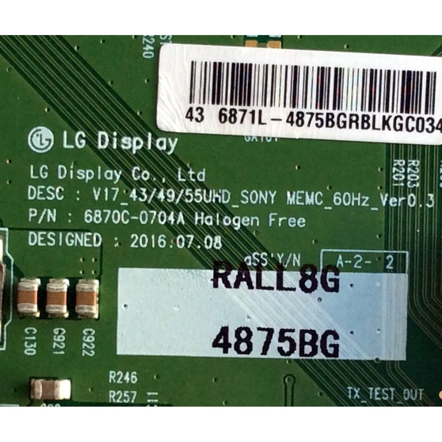 T-CON / SONY 1-897-052-11 / 6871L-4875B / 6870C-0704A / 4875B / PANEL´S YM7F430HNG01 / LC430EQY (SK)(A1) / MODELO XBR-43X800E - Imagen 2