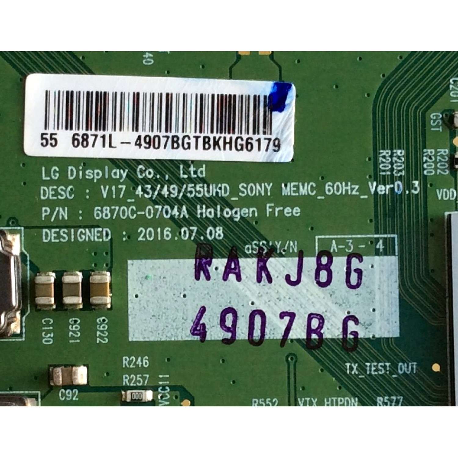 T-CON / SONY 6871L-4907B / 6870C-0704A / 4907B / PANEL V550QWSE09 / MODELO XBR-55X800E - Imagen 2