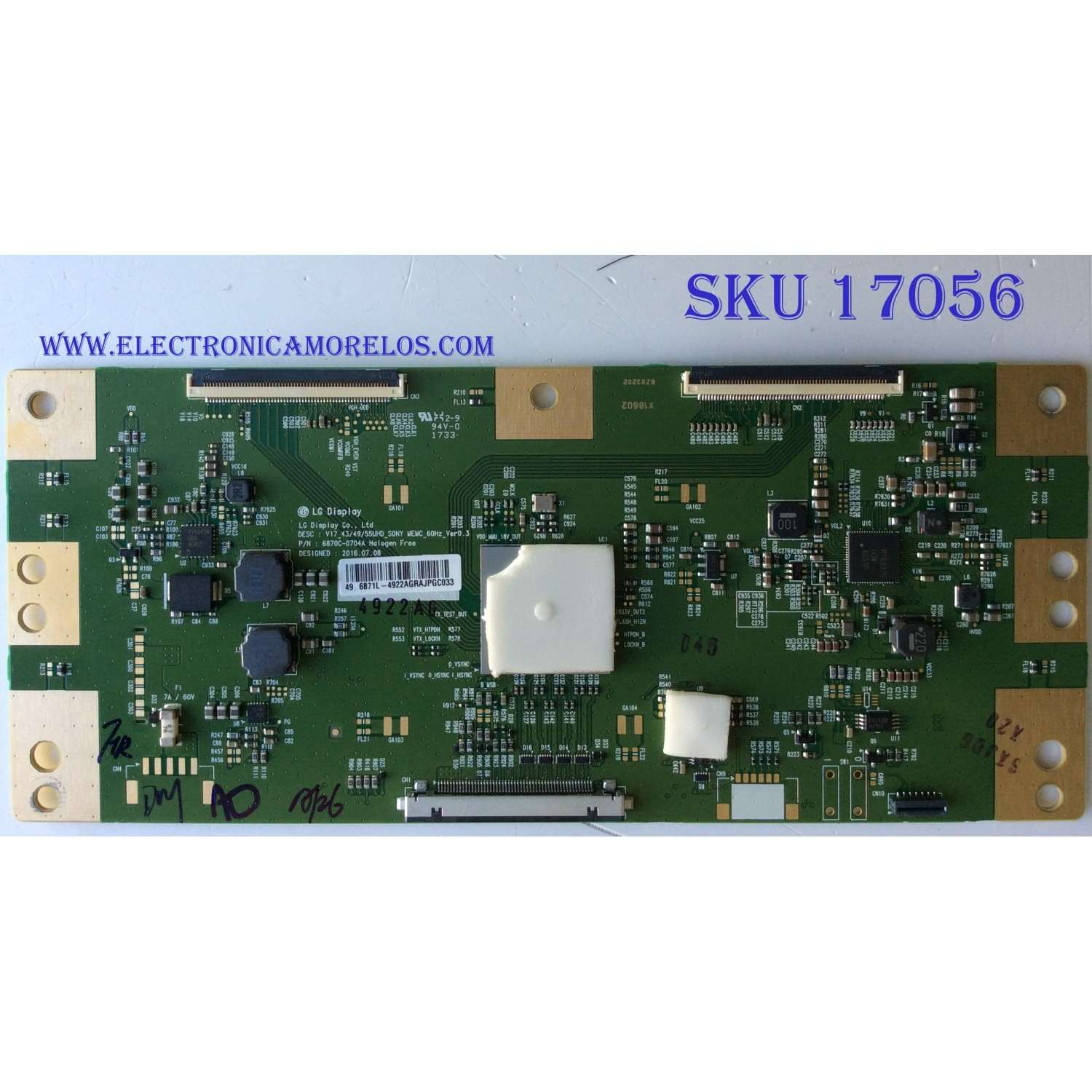 T-CON PARA TV SONY / NUMERO DE PARTE 1-897-119-11 / V17_43 / 49 / 55UHD_SONY_MEMC_60HZ_VER0.3 / 4922A / 6871L-4922A / PANEL YM7F490HNG01 / DISPLAY LC490EQY(SK)(A1) / MODELOS XBR-49X800E / XBR-49X805E / XBR-49X807E	