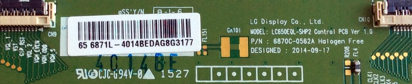 T-CON / SONY 6871L-4014B / 6870C-0562A / 4014B / LC650EQL-SHP2 / PANEL YD5S650HTG01 / MODELO XBR-65X900C - Imagen 2
