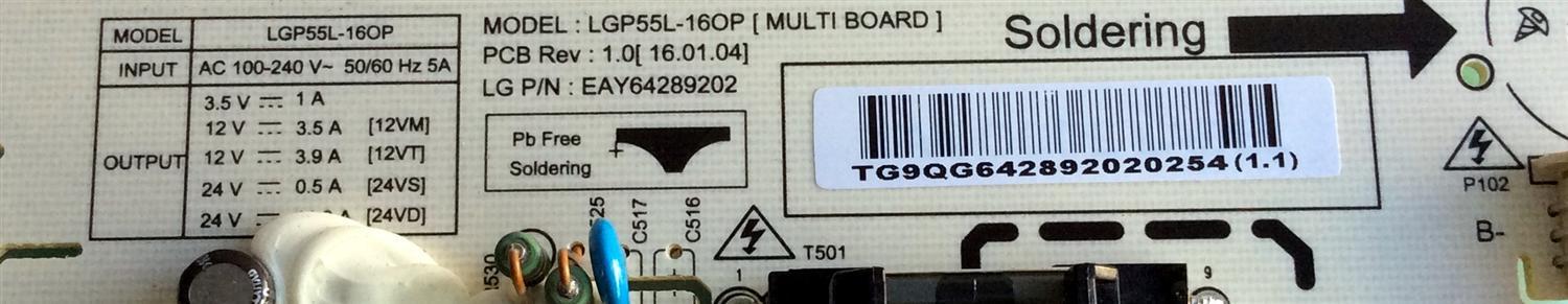 FUENTE DE PODER PARA TV LG OLED / NUMERO DE PARTE EAY64289202 / LGP55L-16OP / 64289202 / PANEL LC550LQD (GJ)(P9) / MODELOS OLED55C6P-U / OLED55C6P-U.AUSZLH / OLED55C6P-U / OLED55C6P-U.BUSWLJR / OLED55C6P-U / OLED55C6P-U.BUSZLJR - Imagen 2