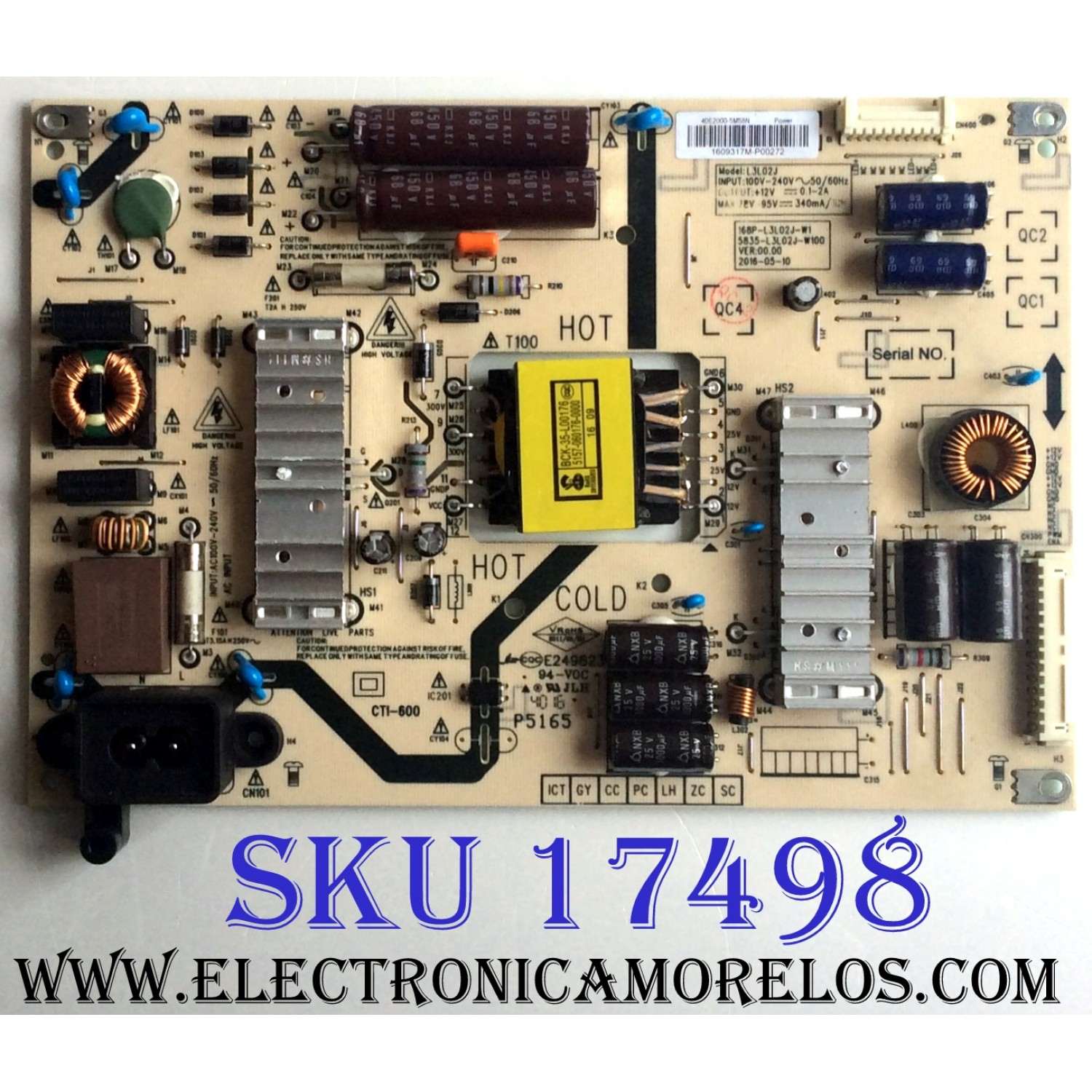 FUENTE DE PODER / LG 1609317M / 5835-L3L02J-W100 / 1609317M-P00272 / 168P-L3L02J-W1 / VER:00.00 / PANEL RDL400FY (QD0-406) REV.00 / MODELOS 40LH5000-UA.CUSJLH / 40LH5000