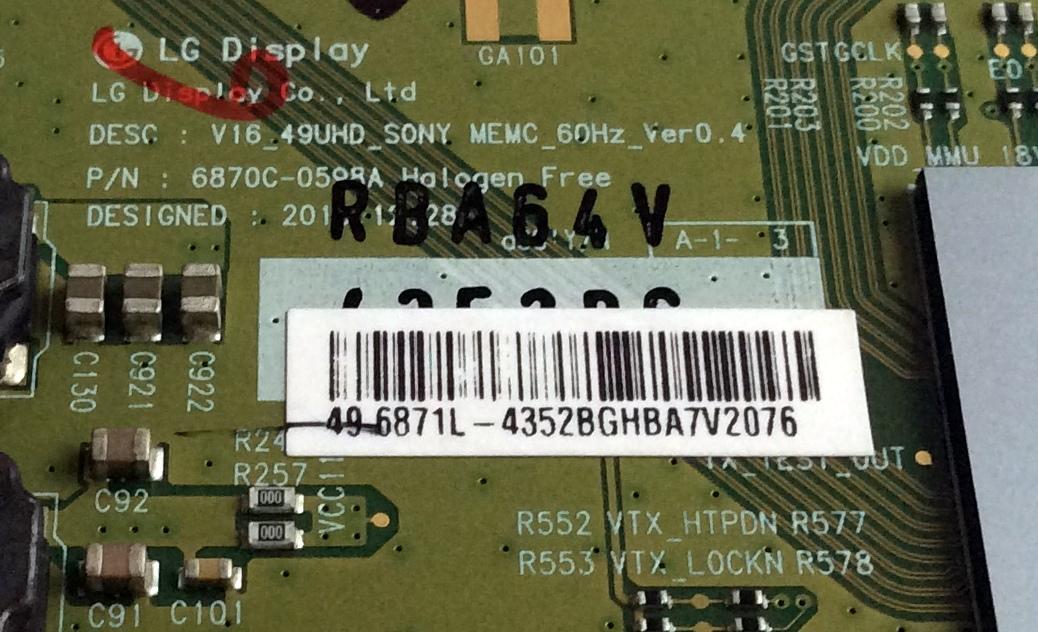 T-CON / SONY 6871L-4352B / 6870C-0598A / V16_49UHD_SONY / 4352B / PANEL V490QWME04 / MODELO XBR-49X800D - Imagen 2