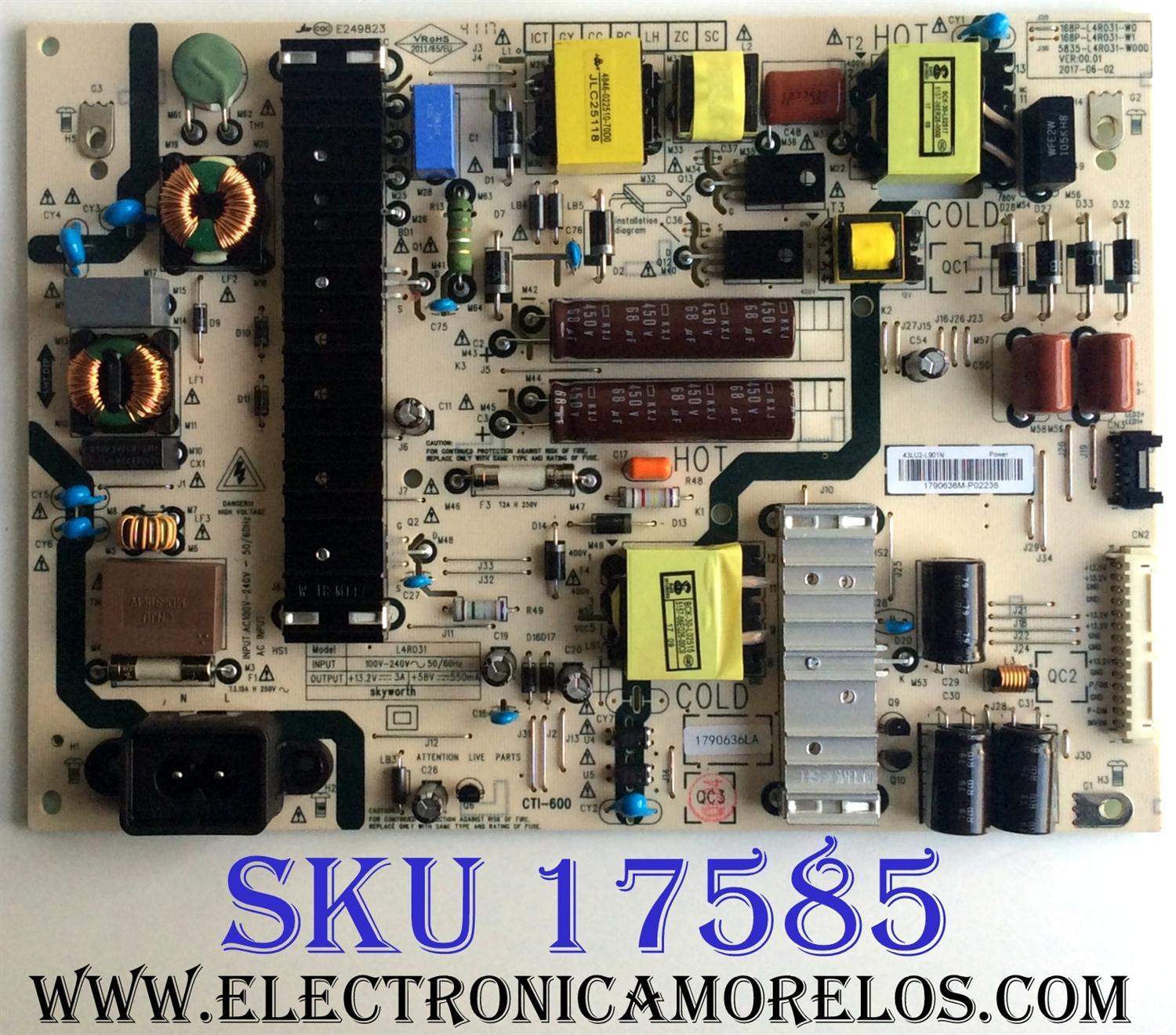 FUENTE DE PODER PARA TV LG 4K UHD HDR SMART TV / NUMERO DE PARTE 43LU2-L901N / 168P-L4R031-W0 / 5835-L4R031-W000 / L4R031 / CTI-600 / E249823 / PANEL RLD430WY LD0-304 / MODELO 43UJ6200-UA / 43UJ6200-UA.CUSYLH