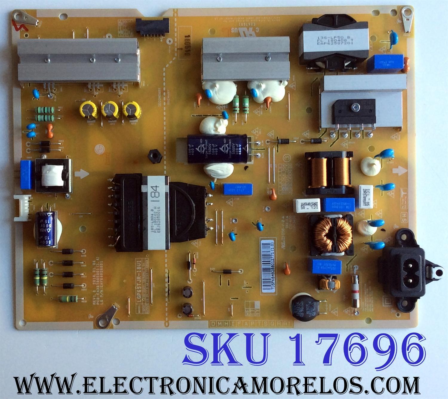 FUENTE DE PODER PARA TV LG ORIGINAL / NUMERO DE PARTE EAY64928801 / EAX67805001(1.4) / LGP65TJR-18U1 / 64928801 / EAX67805001 / PANEL´S NC650DQE / NC650DQG / MODELOS 65UK6090PUA / 65UK6300PUE / 65UN6950ZUA / 65UM6900PUA / 65UM6950DUB / 65UN6950ZUA.BUSGLKR