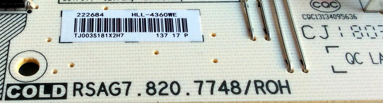 FUENTE DE PODER / HISENSE 222684 / RSAG7.820.7748/ROH / HLL-4360WE / E166702 / CQC13134095636 / PANEL`S JHD425S1U51-T0\S0\FM\ROH / JHD425S1U51-T0 / MODELO 43H6E / 43R7E / 43R6E - Imagen 2