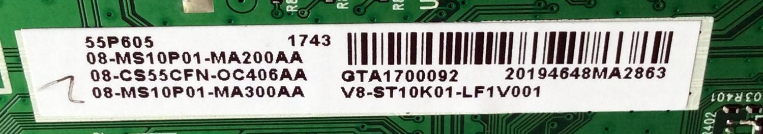 MAIN / TCL 08-CS55CFN-OC406AA / 40-MST10P-MAD4HG / MST10P / E3422828 / 08-CS55CFN-0C406AA / 08-MS10P01-MA200AA / 08-MS1P01-MA300AA / V8-ST10K01-LF1V001 / DISPLAY ST5461D04-3 VER.2.1 / MODELO 55P605 - Imagen 2