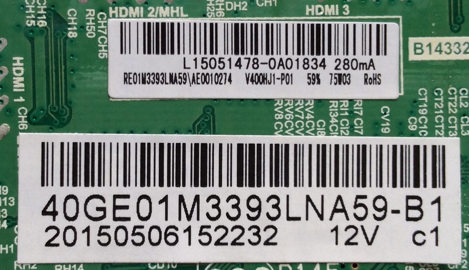 MAIN / FUENTE / (COMBO) / RCA 40GE01M3393LNA59-B1 / TP.MS3393.PB851 / L15051478 / AE0010274 / 20150506152232 / PANEL V400HJ1-P01-12V / MODELO LED40G45RQ - Imagen 2