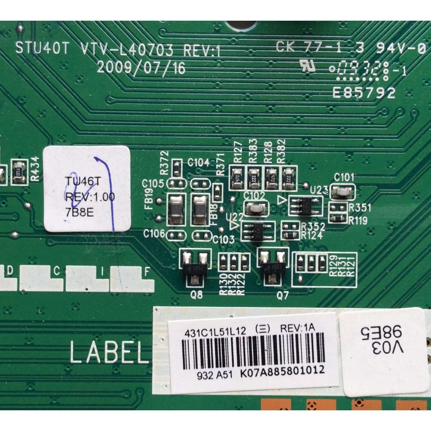 MAIN / TOSHIBA 75016563 / STU40T VTV-L40703 REV:1 / 461C1L51L12 / 431C1L51L12 / E85792 / PANEL LTA460HF03 T02 / MODELO 46XV640UZ - Imagen 2