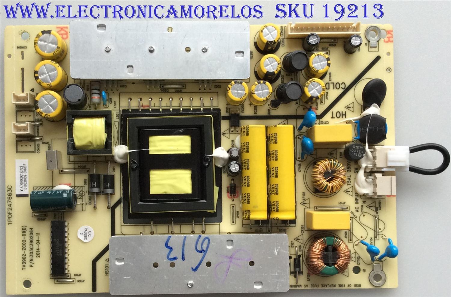 FUENTE DE PODER / ELEMENT 1010031069 / 303C3902064 / TV3902-ZC02-01(D) / 1P0F247663C / COMPATIBLE PARA  DIFERENTES MARCAS Y MODELOS POLAROID MHDV4233-U4 / TCL LE40D8810 / HAIER LE40M600CF / JVC LT40C550 / ELEMENT ELEFW408 LE-40G36Y / ELEFW408