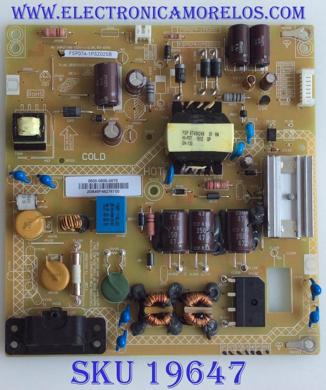 FUENTE DE PODER / SHARP / 9LE50006050870 / 0500-0605-0870 / 3BS0365112GP / FSP074-1PSZ02SB / MODELO LC-32LE653U