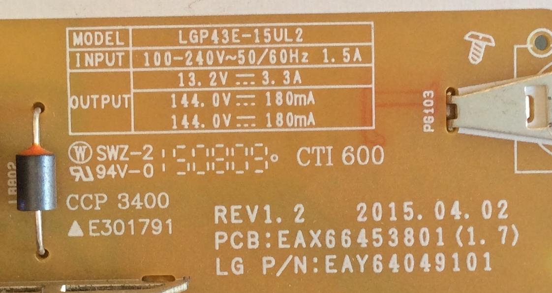 FUENTE DE PODER / LG / EAY64049101 / EAX66453801(1.7) / LGP43E-15UL2 / PANEL LC430EGE-FHM1 / MODELO 43UF6430-UB BUSYLJR - Imagen 2