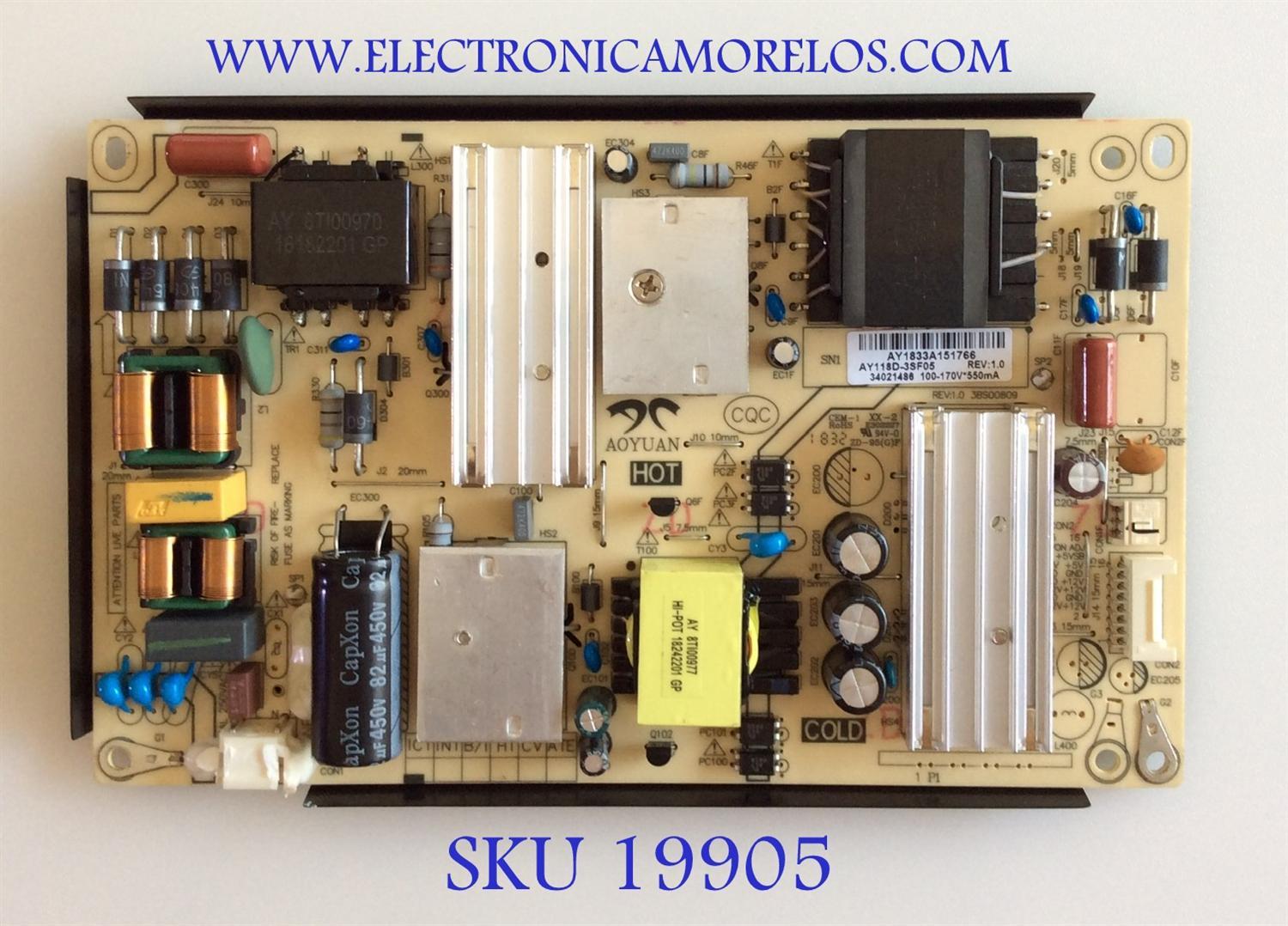 FUENTE DE PODER PARA TV ELEMENT / NUMERO DE PARTE AY118D-3SF05 / 34021486 / 34022295 / 3BS00809 / PANEL LC546PU2L02 / MODELOS SC-50UK700N / E4SW5518 / E4SFT5517