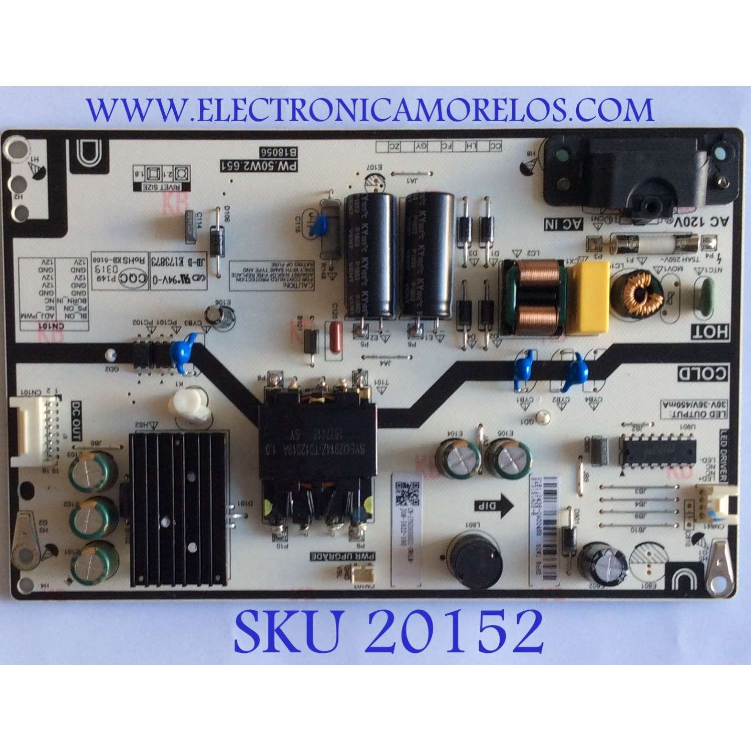 FUENTE DE PODER / TOSHIBA / 1T92000003I / PW.50W2.651 / CN-1T92000003I / B18056 / PANEL ST3151A05-8 /U320DH05 -TT105 MODELO 32LF221U19