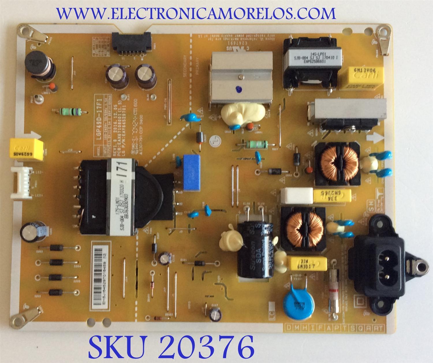 FUENTE DE PODER LG / EAY64529701 / EAX67108001(1.5) / LGP49D-17F1 / MODELOS 49LV570H-UA.BUSYLJR / 49LV340C-UB BUSYLJR