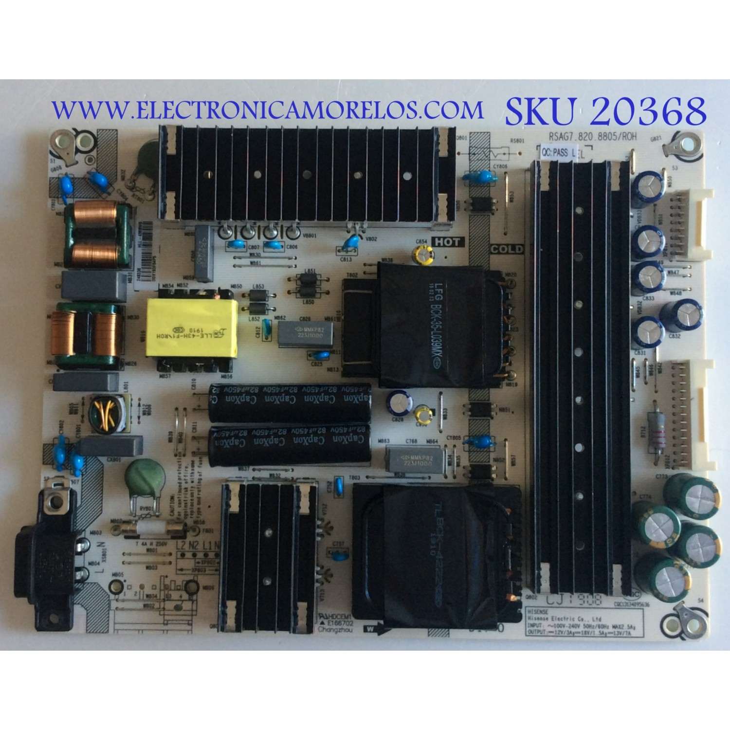 FUENTE DE PODER PARA TV HISENSE ULED / NUMERO DE PARTE 248338 / RSAG7.820.8805/ROH / HLL-4068WB / CQC13134095636 / E166702 / PANEL HD500V3U51-TAL3\S0\FJ\GM\ROH / DISPLAY T500QVN03.7 / MODELO 50H8F