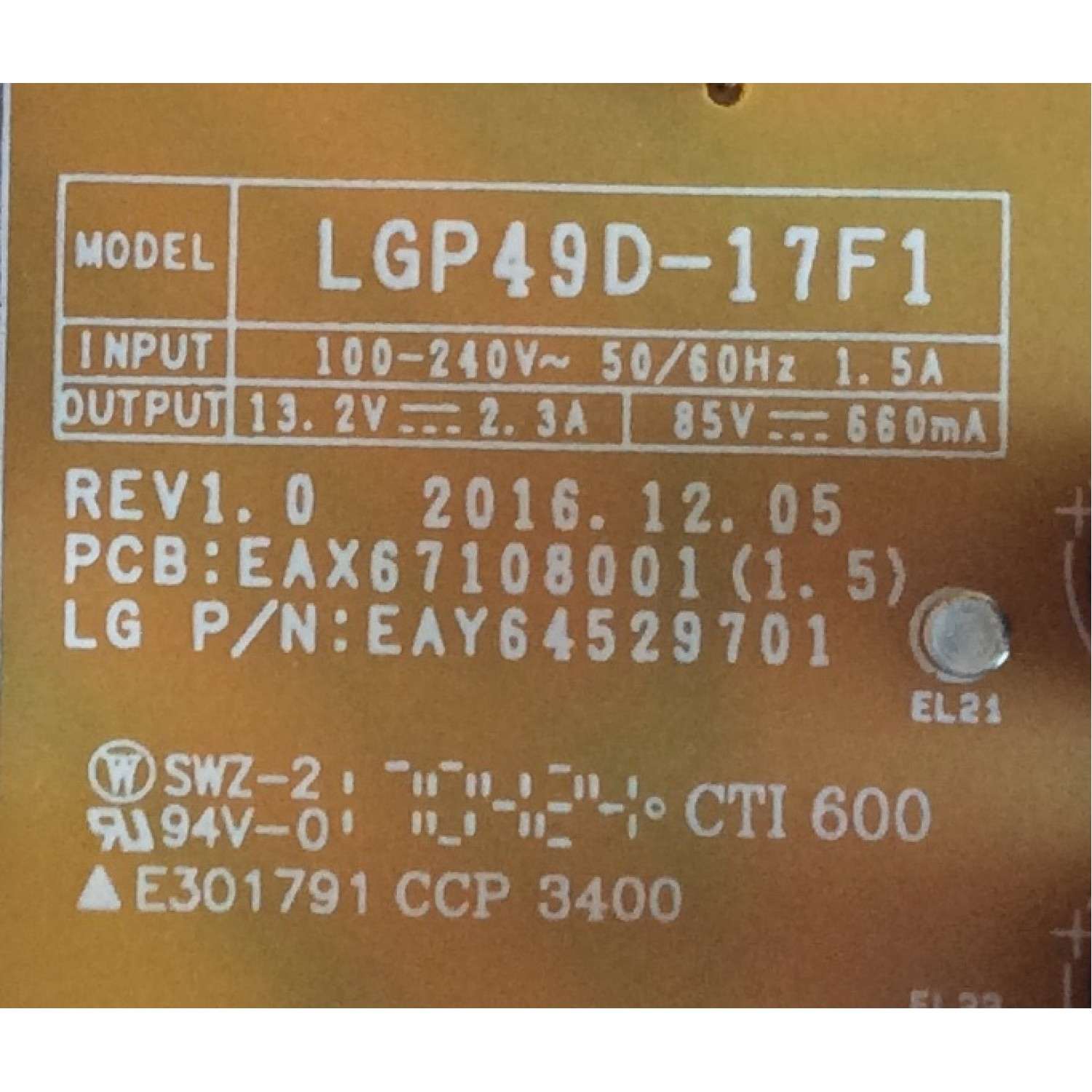 FUENTE DE PODER LG / EAY64529701 / EAX67108001(1.5) / LGP49D-17F1 / MODELOS 49LV570H-UA.BUSYLJR / 49LV340C-UB BUSYLJR - Imagen 2