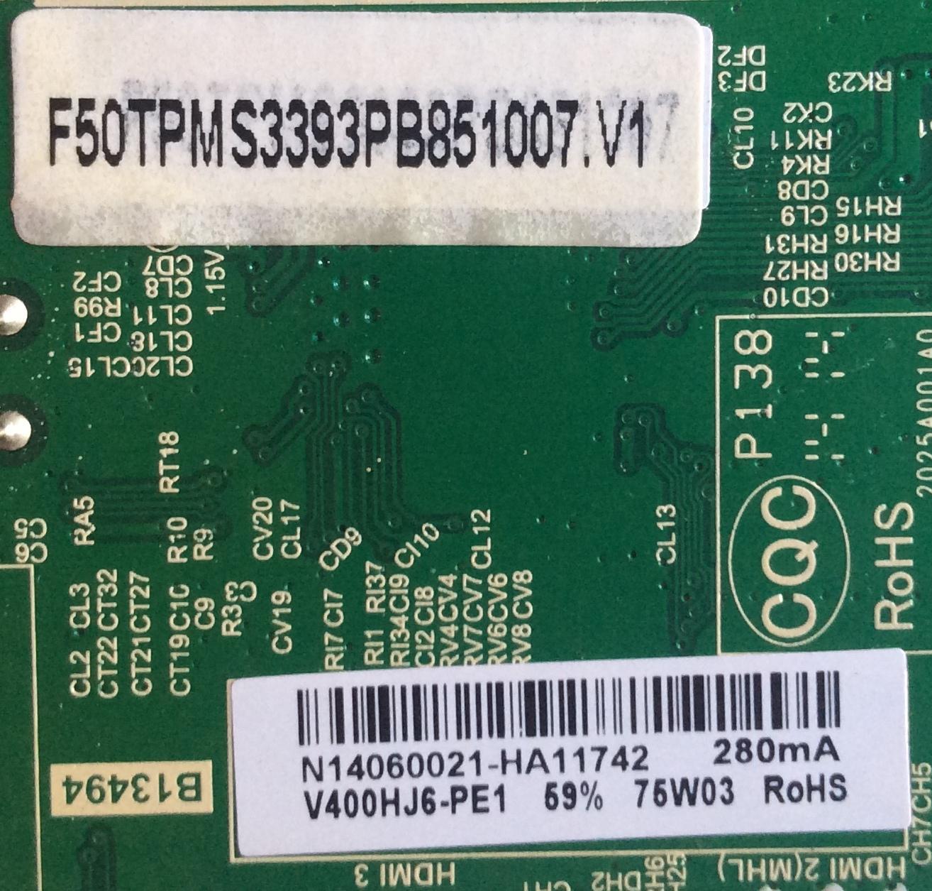 MAIN FUENTE (COMBO) ELEMENT / ELEFW408  SN F1401278 / TP.MS3393.PB851 / F50TPMS3393PB851007 / N14060021 / V400HJ6-PE1 / PANEL D400D3-GG58-COX / MODELO ELEFW408 F1401278 - Imagen 2