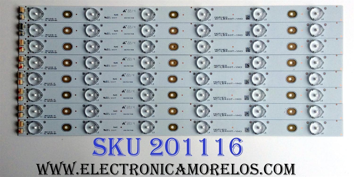 KIT DE LED'S PARA TV SANYO ((8 PIEZAS)) / NUMERO DE PARTE 4C-LB400T-YH3 / 006-P2K1793B / 40F2370-6EA / PANEL LVF400SSDX E7 V6 / MODELO DP40D64 P40D64-02