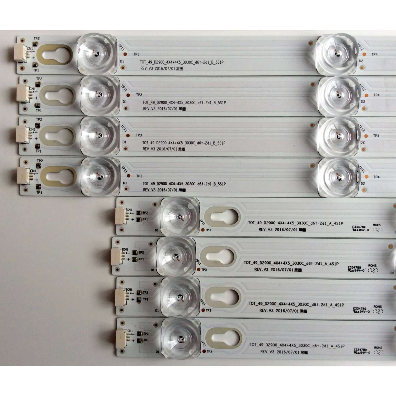 KIT DE LED`S PARA TV TCL ((8 PIEZAS)) / NUMERO DE PARTE 4C-LB4904-YH04J / 4C-LB4905-YH04J / TOT_49_D2900_4X4+4X5_3030C_D6t-2d1_A_4S1P / TOT_49_D2900_4X4+4X5_3030C_D6t-2d1_B_5S1P / PANEL LVU485ND1L / MODELOS 49S350 / 49S403TCBA / 49S403TBAA - Imagen 2