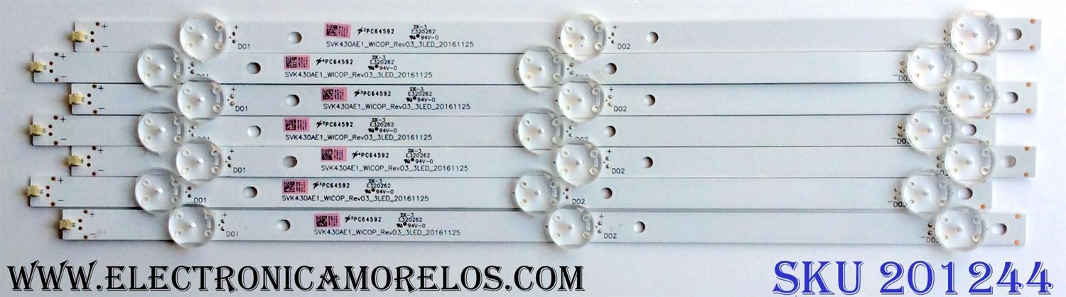 KIT DE LED´S PARA TV (7 PIEZAS) / TOSHIBA SVK430AE1_WICOP_Rev03_3LED_20161125 / PC64592 / E320262 / I0625H / A105C3 / PANEL´S K430WDRC / K430WDRA / MODELO 43L420U